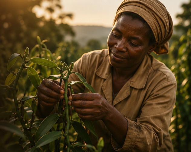 Ugandan farmer tending vanilla vines in the Bundibugyo highlands